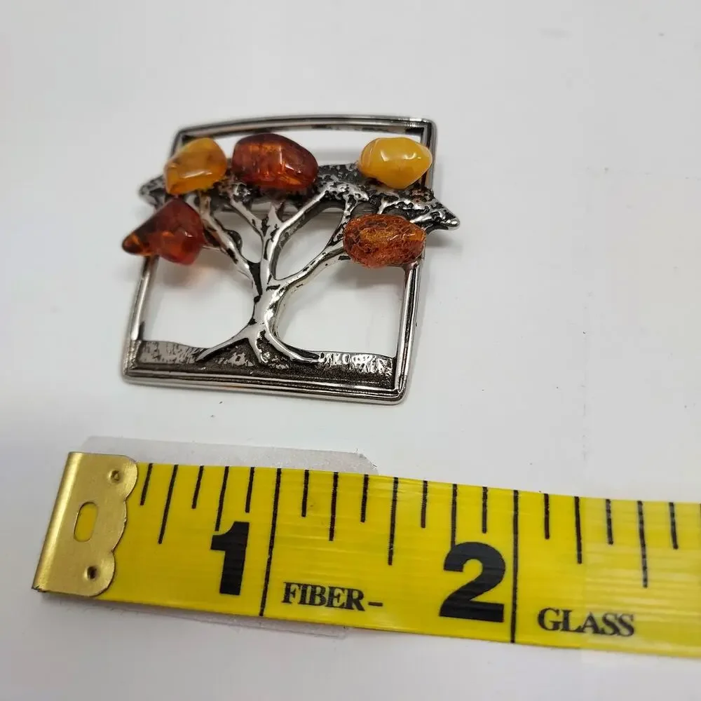 Natural Amber Tree of Life Brooch Silver Tone 1.5
